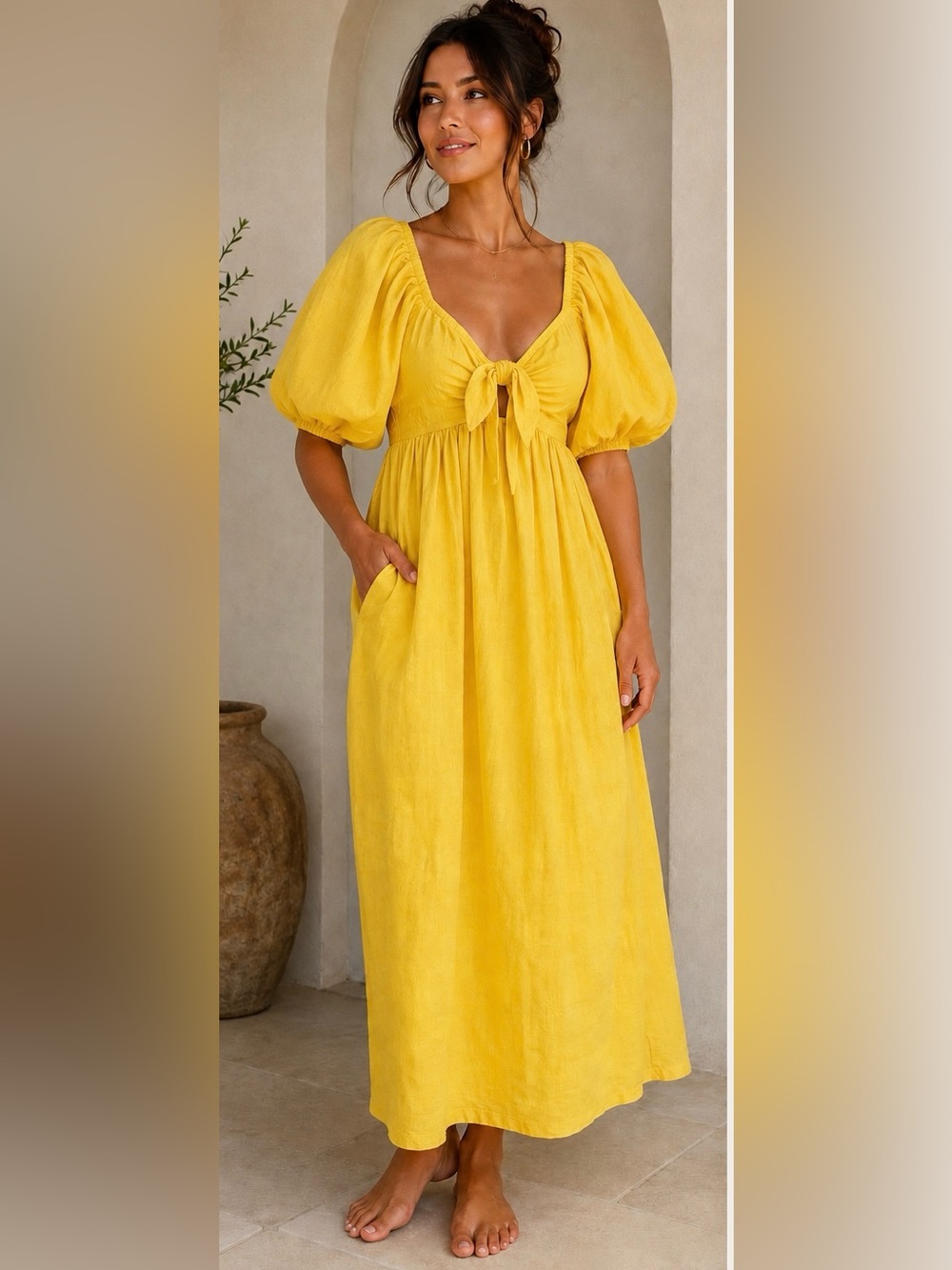 Mara Hoffman Swim Yellow Balloon Sleeve Tie Front Cover-Up Dress Size S